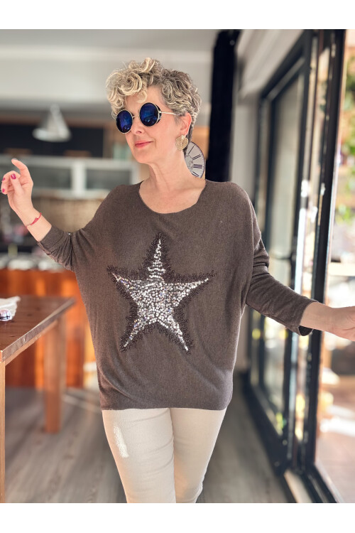 Festa İtalyan Yıldız Pul Detay Triko Kahverengi