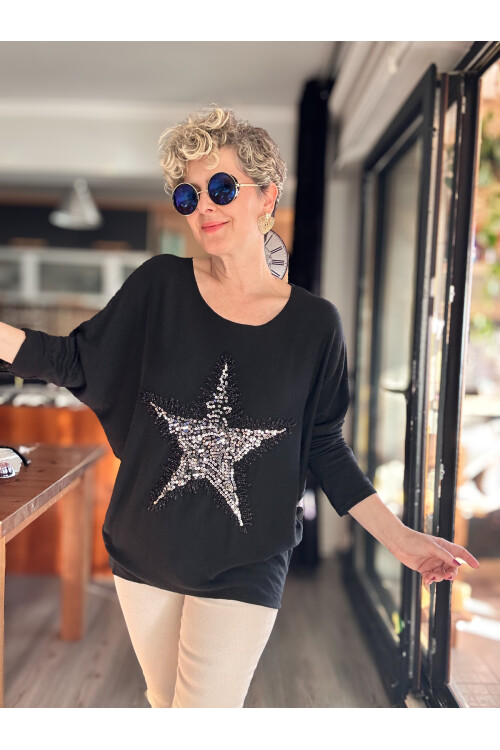 Festa İtalyan Yıldız Pul Detay Triko Siyah