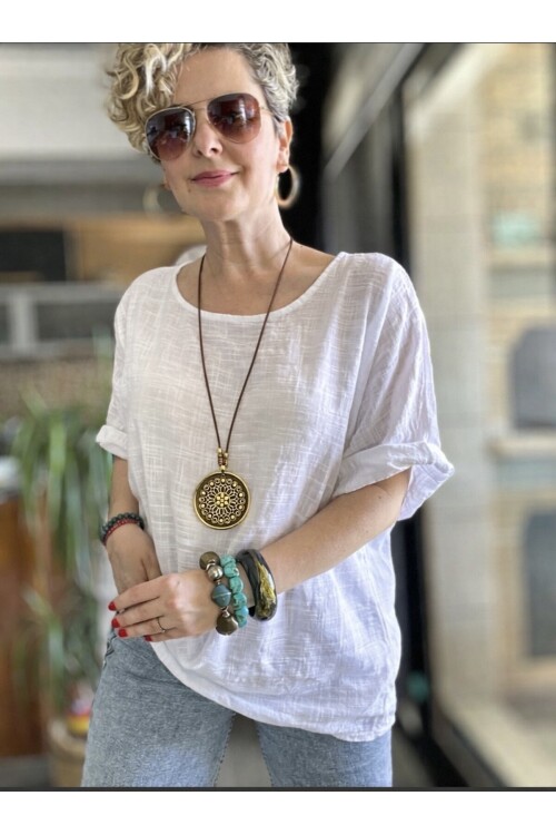 Fezza İthal Kolyeli Tasarım Bluz Beyaz