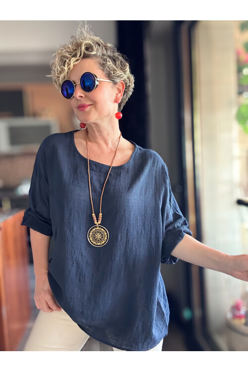 Fezza İthal Kolyeli Tasarım Bluz Lacivert