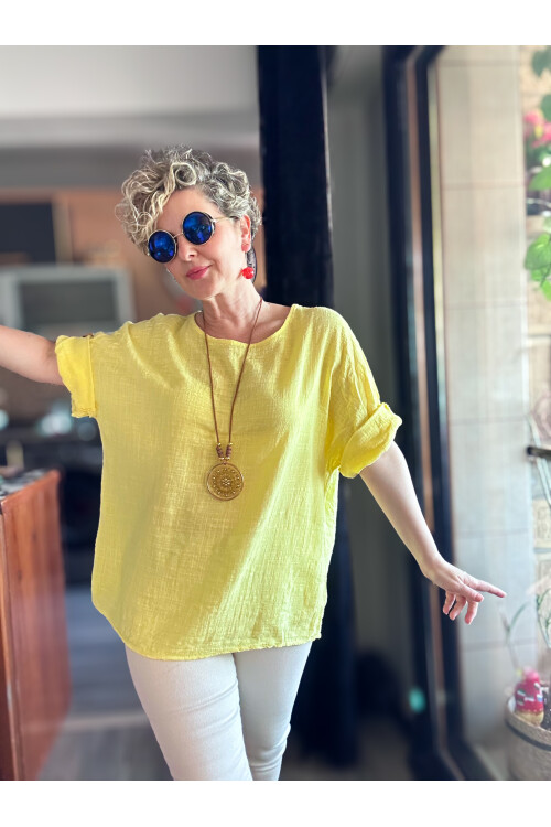 Fezza İthal Kolyeli Tasarım Bluz Sarı
