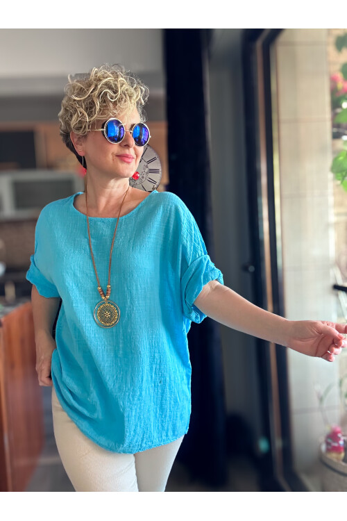 Fezza İthal Kolyeli Tasarım Bluz Turkuaz