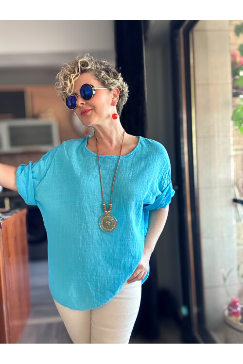 Fezza İthal Kolyeli Tasarım Bluz Turkuaz