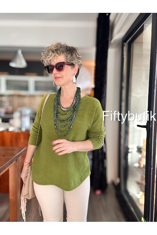 Fikka İtalyan V Yaka Angora Oval Triko Fıstık Yeşili