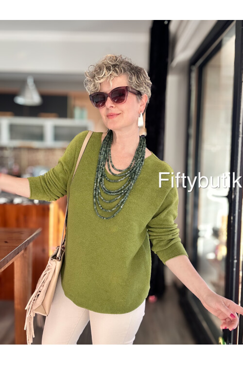 Fikka İtalyan V Yaka Angora Oval Triko Fıstık Yeşili