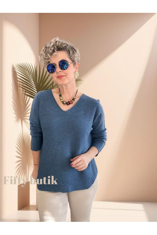 Fikka İtalyan V Yaka Angora Oval Triko İndigo Mavi
