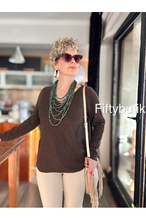 Fikka İtalyan V Yaka Angora Oval Triko Kahve