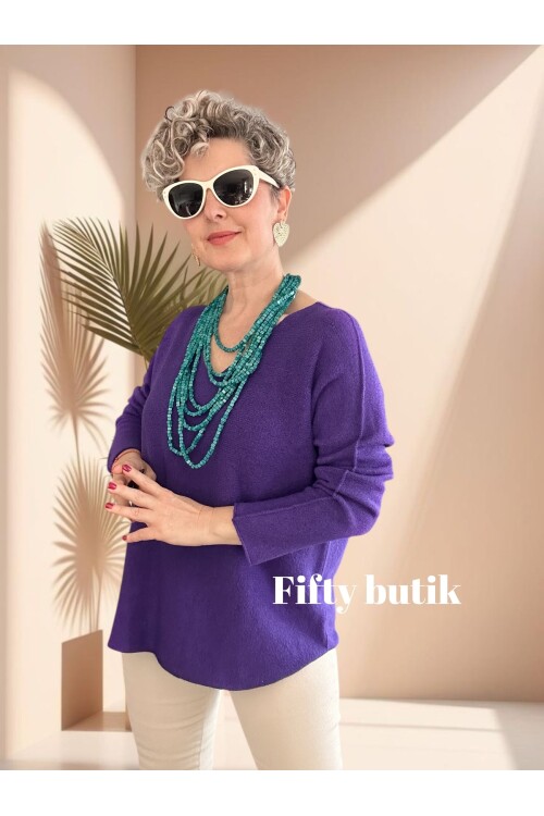 Fikka İtalyan V Yaka Angora Oval Triko Mor