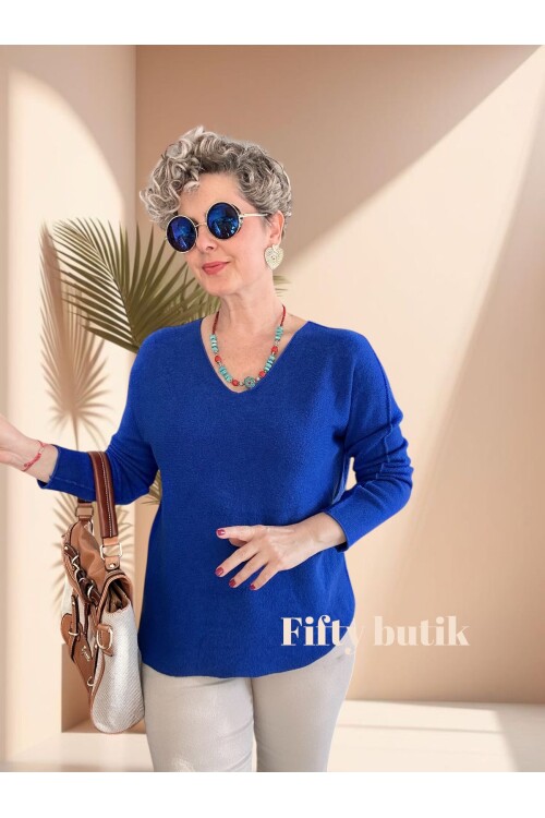 Fikka İtalyan V Yaka Angora Oval Triko Sax Mavi