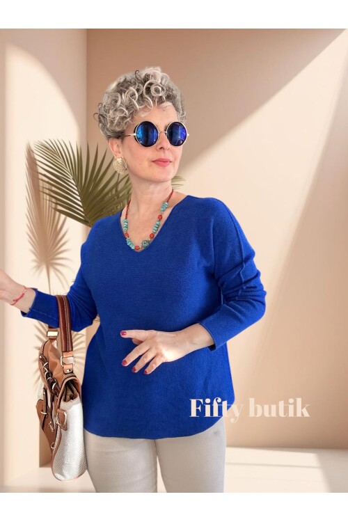 Fikka İtalyan V Yaka Angora Oval Triko Sax Mavi