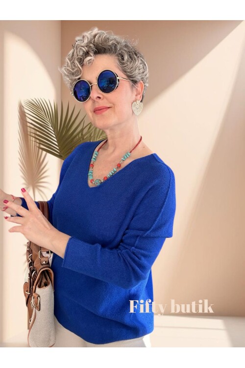 Fikka İtalyan V Yaka Angora Oval Triko Sax Mavi