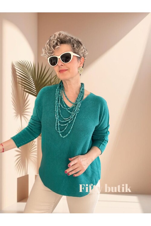 Fikka İtalyan V Yaka Angora Oval Triko Turkuaz