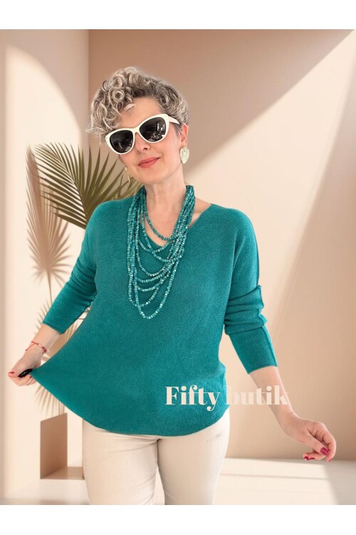 Fikka İtalyan V Yaka Angora Oval Triko Turkuaz