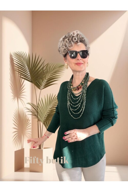 Fikka İtalyan V Yaka Angora Oval Triko Zümrüt