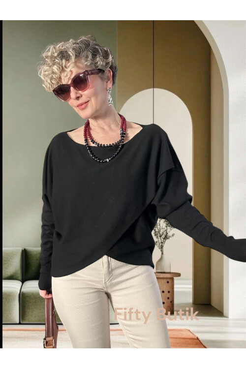 Fulle Tasarım Çapraz Triko Siyah