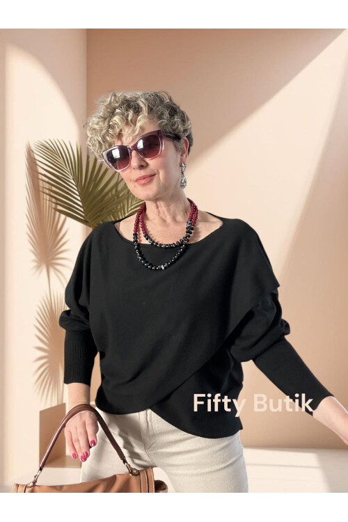 Fulle Tasarım Çapraz Triko Siyah