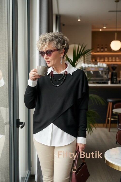 Fulle Tasarım Çapraz Triko Siyah