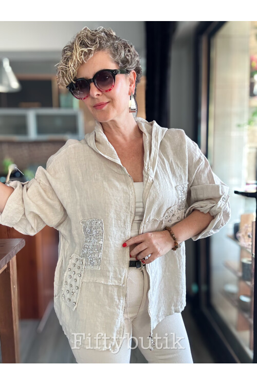 Gatto İtalyan Vip Kapşon Taş Payetli Ceket Beige