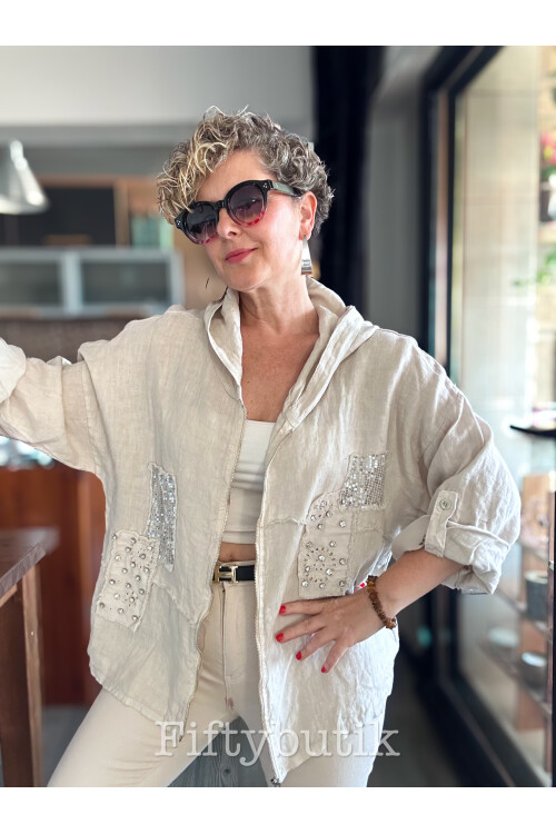 Gatto İtalyan Vip Kapşon Taş Payetli Ceket Beige