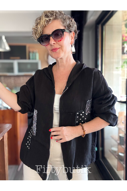 Gatto İtalyan Vip Kapşon Taş Payetli Ceket Siyah