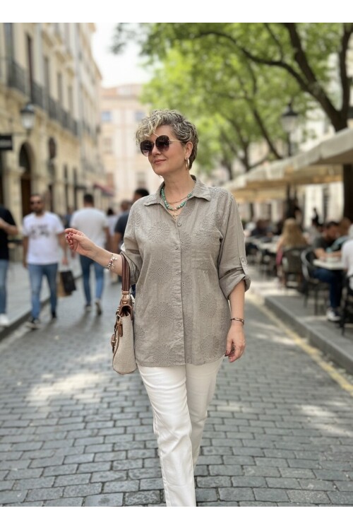 Gesso İtalyan Çiçek Fisto Detay Gömlek Vizon