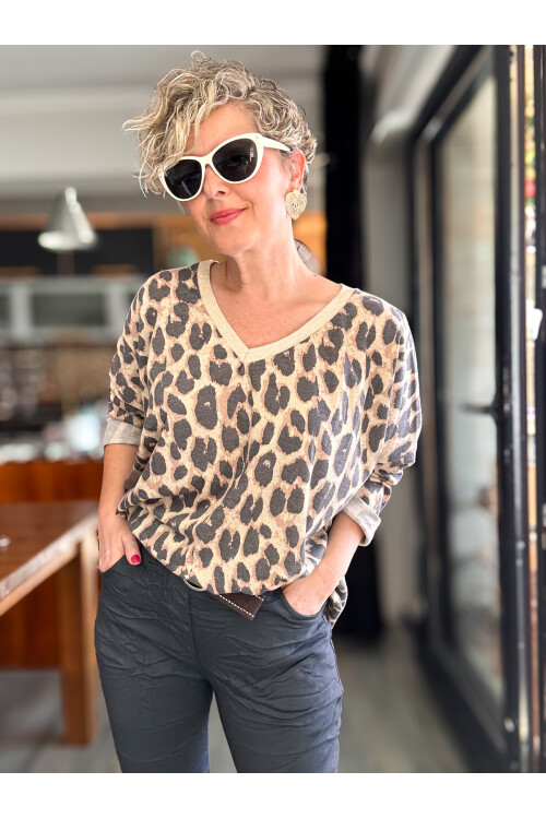 Hanna İtalyan Leopar Desen Simli Bluz Bej