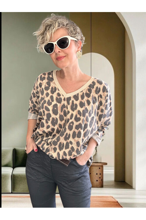 Hanna İtalyan Leopar Desen Simli Bluz Bej