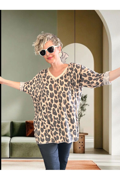 Hanna İtalyan Leopar Desen Simli Bluz Bej