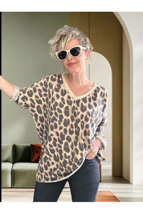 Hanna İtalyan Leopar Desen Simli Bluz Bej