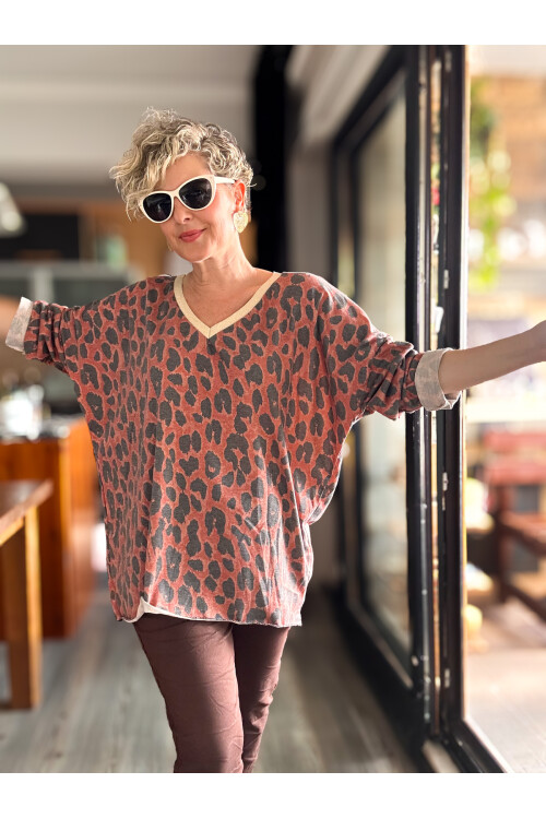 Hanna İtalyan Leopar Desen Simli Bluz Kiremit