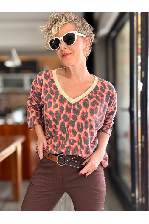Hanna İtalyan Leopar Desen Simli Bluz Nar Çiçeği