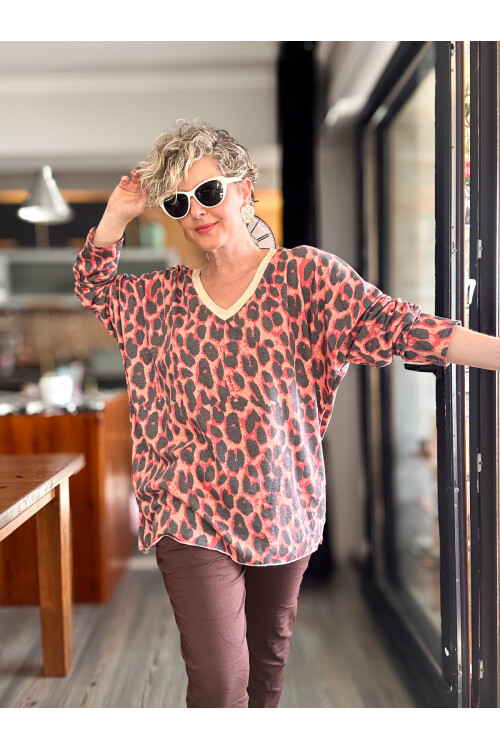 Hanna İtalyan Leopar Desen Simli Bluz Nar Çiçeği