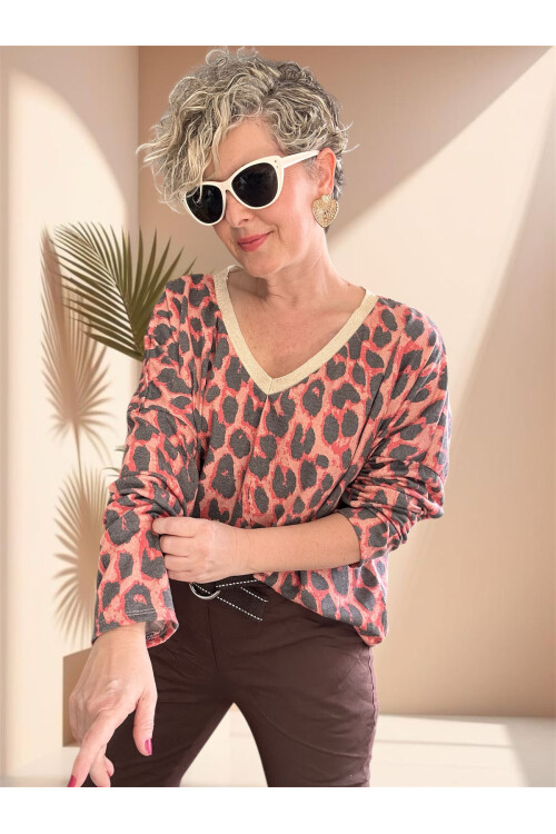Hanna İtalyan Leopar Desen Simli Bluz Nar Çiçeği