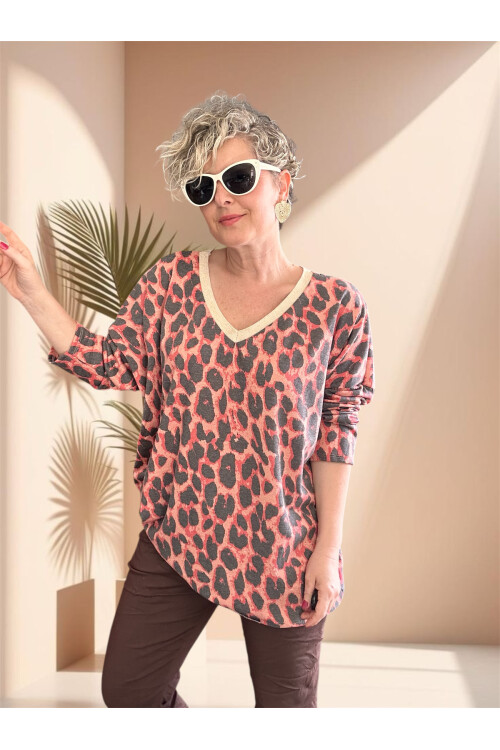 Hanna İtalyan Leopar Desen Simli Bluz Nar Çiçeği