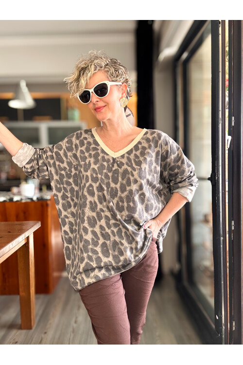 Hanna İtalyan Leopar Desen Simli Bluz Vizon