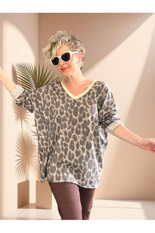 Hanna İtalyan Leopar Desen Simli Bluz Vizon