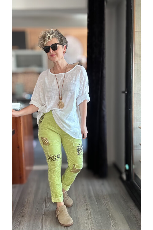 İtaliana Leopar Desen Pul Detaylı Sihirli Pantolon Elma Yeşil