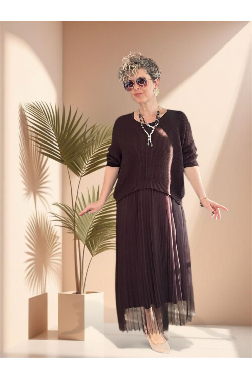 Janine İtalyan Merserize Bluz Takım Elbise Kahverengi