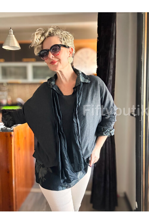 Julli İtalyan Gömlekli Bluz Triko Takım Antrasit