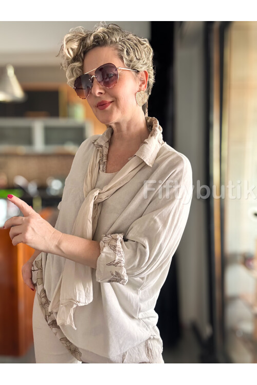 Julli İtalyan Gömlekli Bluz Triko Takım Bej