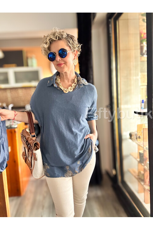 Julli İtalyan Gömlekli Bluz Triko Takım İndigo Mavi