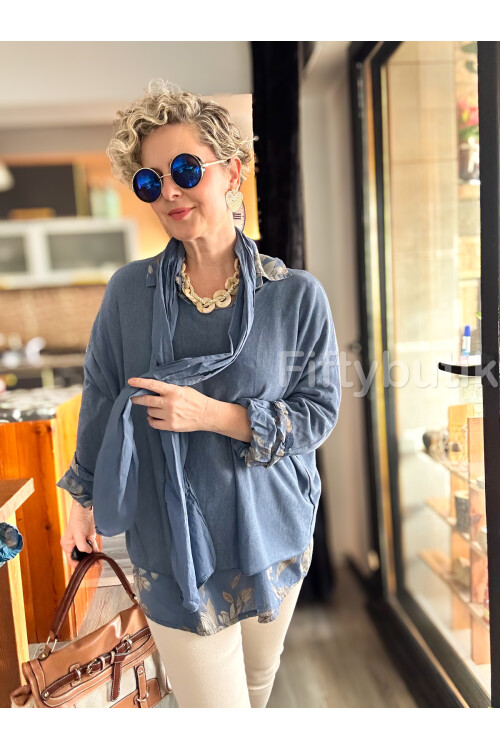 Julli İtalyan Gömlekli Bluz Triko Takım İndigo Mavi