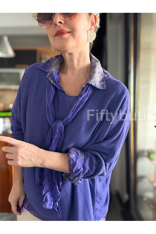 Julli İtalyan Gömlekli Bluz Triko Takım Mor