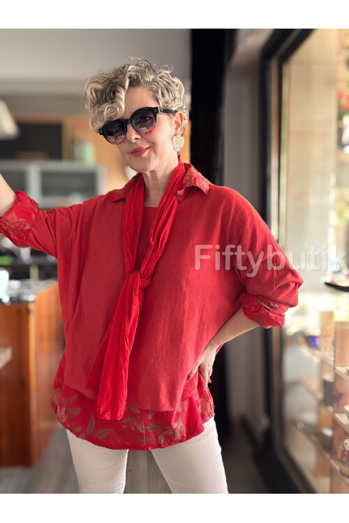 Julli İtalyan Gömlekli Bluz Triko Takım Nar Çiçeği