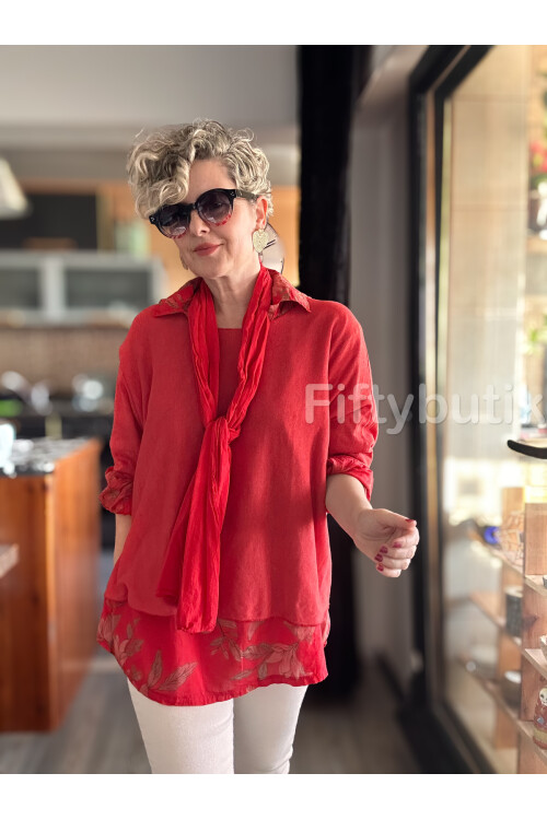 Julli İtalyan Gömlekli Bluz Triko Takım Nar Çiçeği