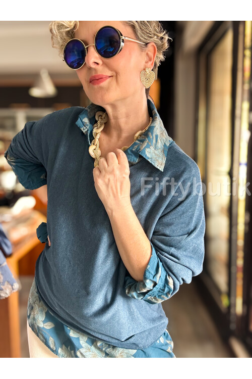 Julli İtalyan Gömlekli Bluz Triko Takım Petrol Mavi