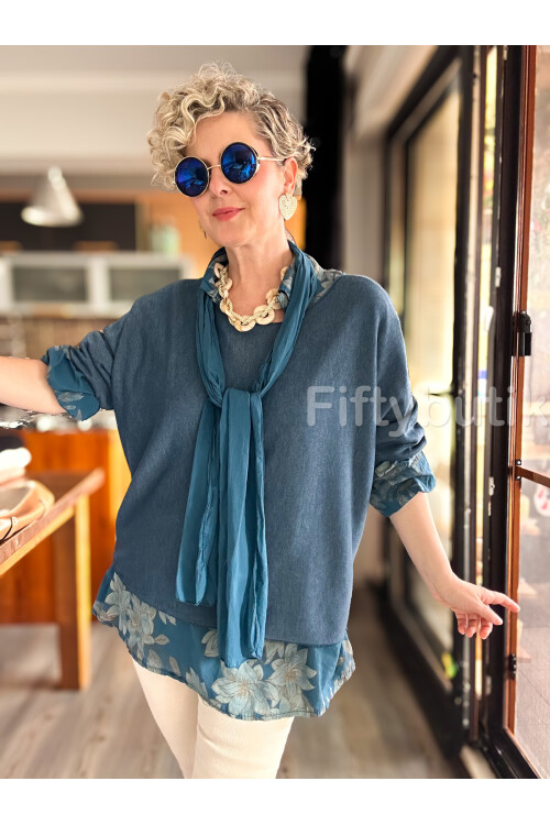 Julli İtalyan Gömlekli Bluz Triko Takım Petrol Mavi