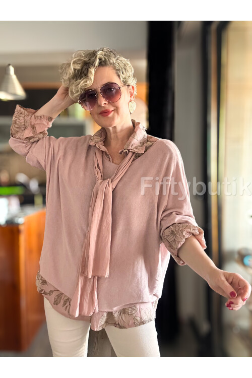 Julli İtalyan Gömlekli Bluz Triko Takım Pudra