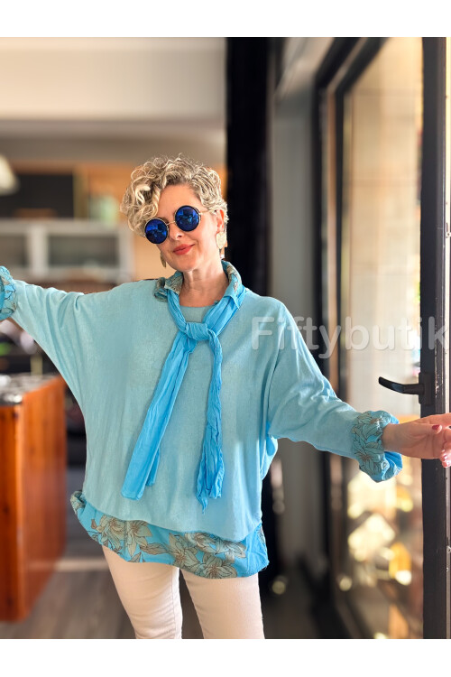 Julli İtalyan Gömlekli Bluz Triko Takım Turkuaz