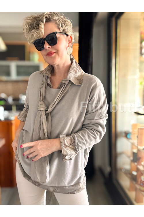 Julli İtalyan Gömlekli Bluz Triko Takım Vizon